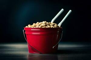 a red bucket filled with peanuts and two white spoons. AI-Generated photo