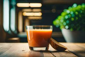 a glass of orange juice on a wooden table. AI-Generated photo