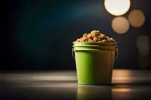 a bucket of popcorn on a table. AI-Generated photo
