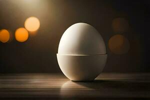 an egg sitting on a table with a blurry background. AI-Generated photo