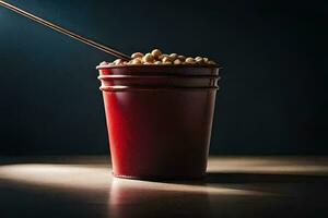 a red bucket filled with popcorn and a spoon. AI-Generated photo