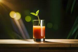 un vaso de naranja jugo con un planta en él. generado por ai foto