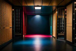 a hallway with colorful lights and wooden doors. AI-Generated photo