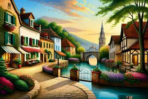 a painting of a town with a canal and houses. AI-Generated photo