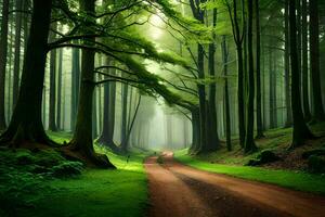 a dirt road in a green forest with trees. AI-Generated photo