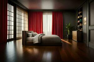 a bedroom with red curtains and wood floors. AI-Generated photo