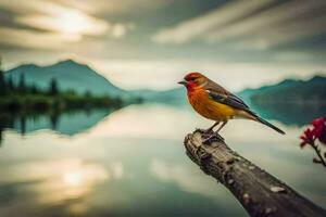 a bird sits on a branch near a lake. AI-Generated photo