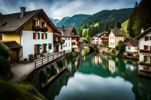 a river runs through a village in the mountains. AI-Generated photo