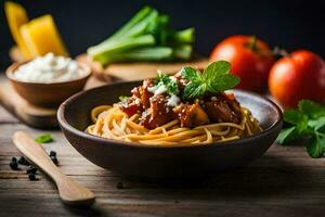 spaghetti with meat sauce and vegetables on a wooden table. AI-Generated photo