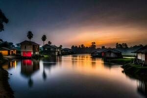 a river at sunset with houses and palm trees. AI-Generated photo