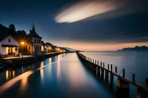 un largo exposición fotografía de un muelle a noche. generado por ai foto