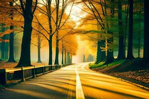 a road lined with trees in the fall. AI-Generated photo