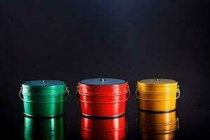 three colorful buckets on a black background. AI-Generated photo