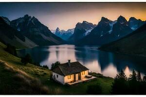 a small cabin sits on the edge of a lake at sunset. AI-Generated photo