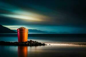 a red cup sitting on the rocks in front of the ocean. AI-Generated photo