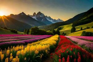 the sun sets over a field of colorful flowers. AI-Generated photo