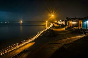 a long exposure photograph of a beach at night. AI-Generated photo