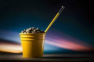 a yellow bucket with coffee beans and a straw. AI-Generated photo