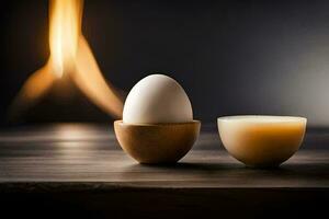 two eggs sit in wooden cups on a table. AI-Generated photo