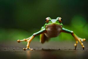 a frog is jumping on the ground. AI-Generated photo