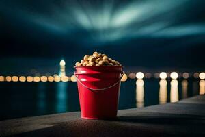 a bucket of peanuts sitting on a dock with a city in the background. AI-Generated photo