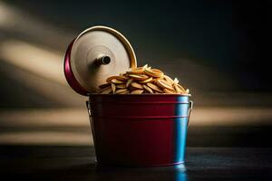 a red bucket filled with almonds. AI-Generated photo