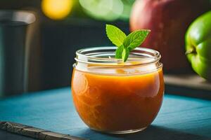 a glass of juice with an apple and mint. AI-Generated photo