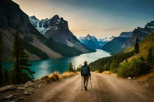 a man walking on a dirt road in front of a lake. AI-Generated photo