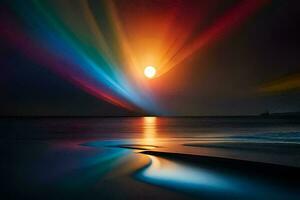 a rainbow light shines over the ocean. AI-Generated photo