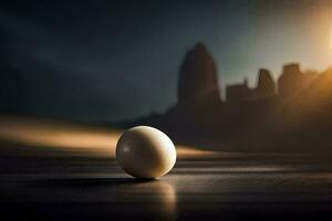 an egg on a table in front of a city. AI-Generated photo