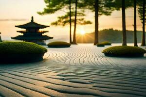 the sun sets over a japanese garden. AI-Generated photo
