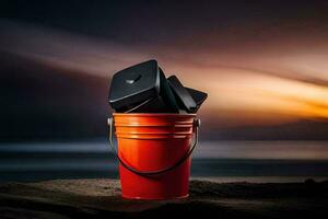 a red bucket with two black boxes sitting on top of it. AI-Generated photo