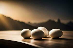 five eggs on a table with mountains in the background. AI-Generated photo