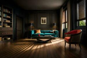 a living room with dark wood floors and a blue couch. AI-Generated photo