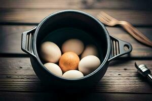 a pan with eggs and a fork. AI-Generated photo