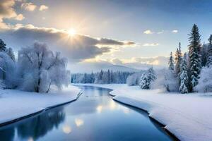 winter landscape with snow covered trees and river. AI-Generated photo