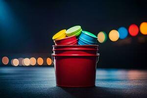 a red bucket filled with colorful coins. AI-Generated photo