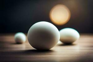 white eggs on a wooden table. AI-Generated photo