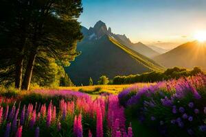 el Dom sube terminado un campo de púrpura flores y montañas. generado por ai foto