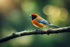 a colorful bird sits on a branch. AI-Generated photo