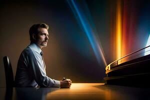 a man sitting at a desk with a light shining on him. AI-Generated photo