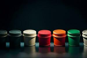 a row of colorful coffee cups on a black surface. AI-Generated photo