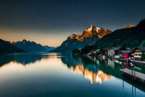 un lago y montañas a puesta de sol. generado por ai foto