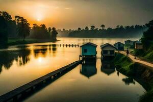 a river with houses on the shore at sunset. AI-Generated photo