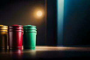 three colorful plastic cups on a table. AI-Generated photo