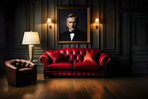 un rojo cuero sofá y un pintura de un hombre. generado por ai foto