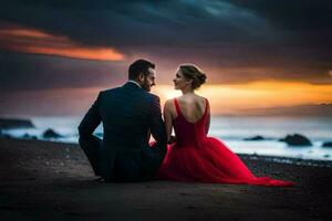 a couple in red dress sitting on the beach at sunset. AI-Generated photo