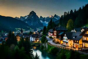 the village of alpin in the alps at dusk. AI-Generated photo