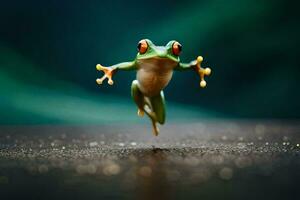 a frog jumping in the air. AI-Generated photo