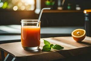 a glass of orange juice with a straw on a wooden table. AI-Generated photo